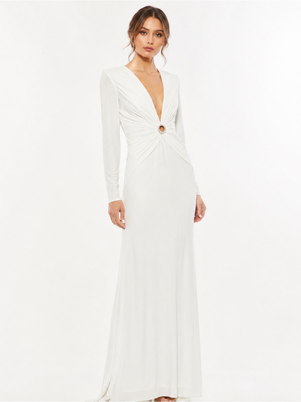 Ieena for Mac Duggal NWT Pearl Ring Gown | Ecru Long Sleeve Maxi Dress | Size 0